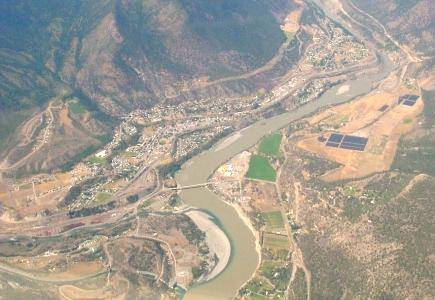 Aerial view of Lillooet showing Ginseng Fields at left (black patches), Photo by Kat