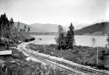 BC Archives # F-07504, PGE tracks at Alta Lake, approaching Rainbow Lodge (around corner)