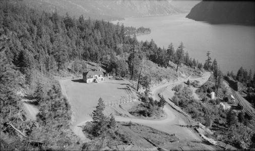 E. Cleven photo: view Bridge River Townsite from penstock portal, 1946 (South Shalalth)