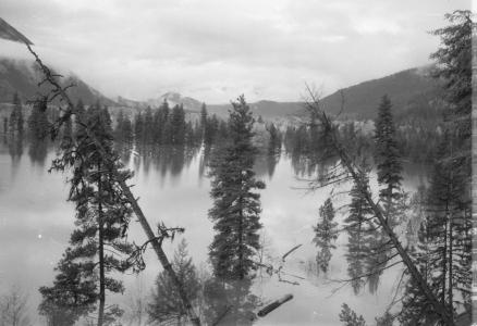 View of Bridge River Valley during flooding, late 1950s