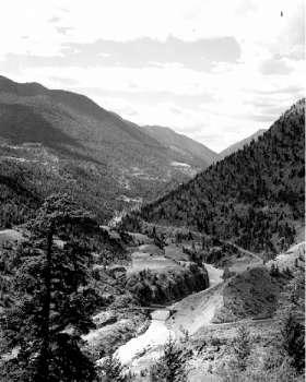 View of Bridge River Valley during flooding, late 1950s