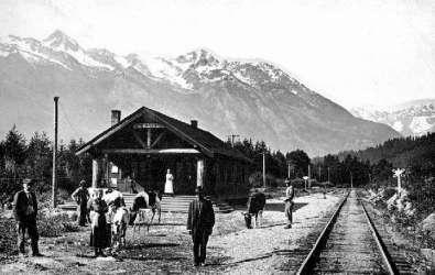 BC Archives # C-01170: Passengers at D'arcy Station with D'arcy Range in Background