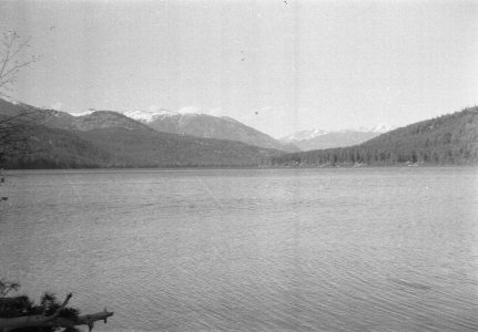 View of Gun Lake from eastside, looking ENE, Eldorado Mtn at left, Shulaps Range at right, c. 1950s, Photo E. 'Andy' Cleven