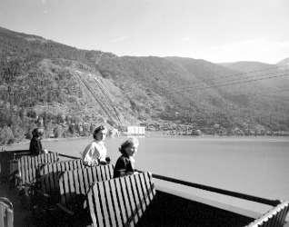 BC Archives # I-29058 - PGE Observation Car at Shalalth; view of Powerhouse No. 1 in Background
