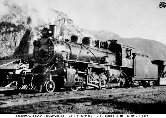 BC Archives # E-04468, PGE Locomotive No. 59 at Squamish, 194- (Archives caption says Lillooet)