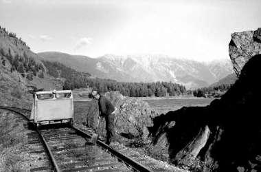 BC Archives # I-29049, PGE speeder towards N. end of Anderson Lk, Seton Portage in near distance, Mission Ridge in background