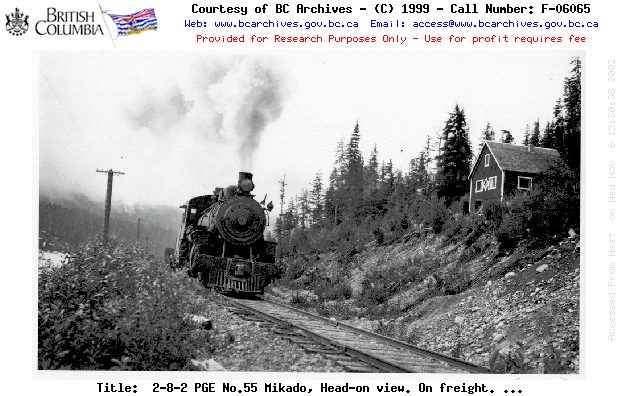 BC Archives # F-06065, 2-8-2 PGE No. 55 Mikado, at Alta Lake, c2928