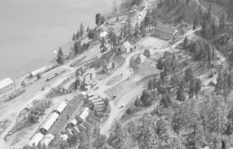 E. Cleven photo: view Bridge River Townsite from penstock portal, 1946 (South Shalalth)
