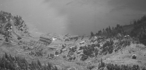 E. Cleven photo: view Bridge River Townsite from penstock portal, 1946 (South Shalalth)